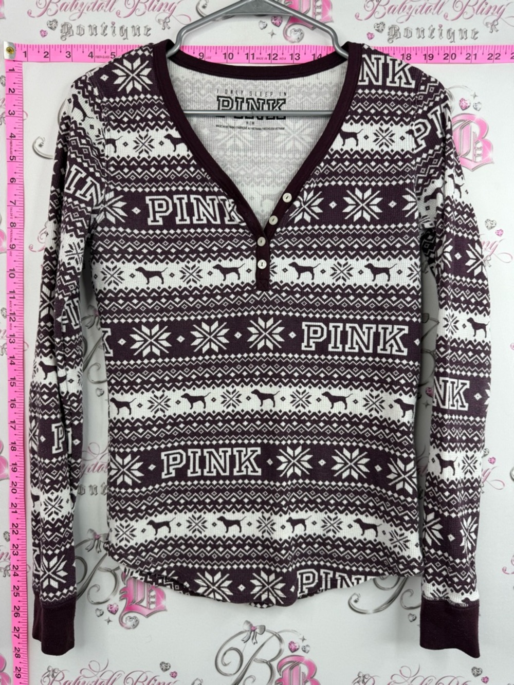PINK Victoria's Secret Pajama Top with Maroon and White Fair Isle Henley purple